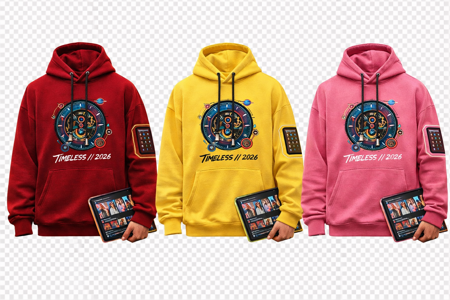 TIMELESS Premium Hoodie featuring a futuristic design, premium fabric, and all-day comfort. Shop the bestselling hoodie in purple, peach, and white now.