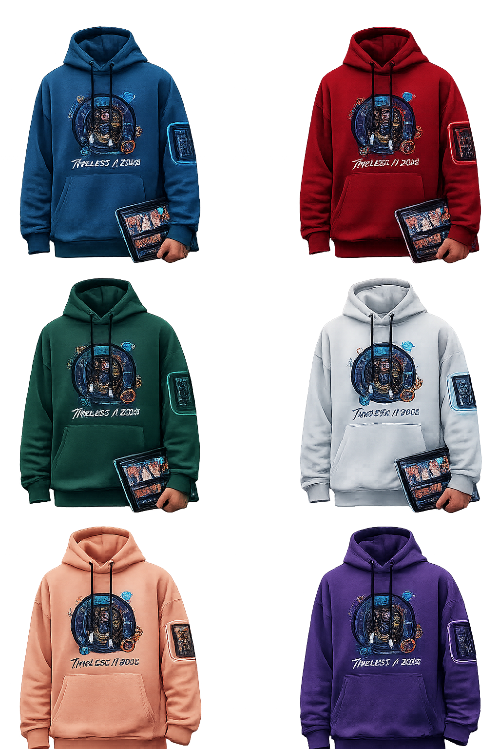 TIMELESS Premium Hoodie featuring a futuristic design, premium fabric, and all-day comfort. Shop the bestselling hoodie in purple, peach, and white now.