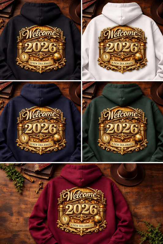 Welcome 2026 Vintage Hoodie – Luxury 3D Typography Streetwear
